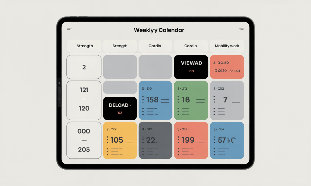 Comprehensive training schedule for building stamina after 40 featuring periodization strategy and balanced workout distribution across weekly microcycles
