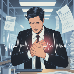 Stressed professional experiencing chronic work stress heart pain while working at desk surrounded by overwhelming workload and digital screens