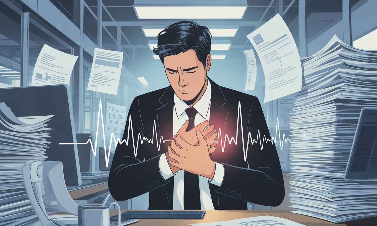 Stressed professional experiencing chronic work stress heart pain while working at desk surrounded by overwhelming workload and digital screens