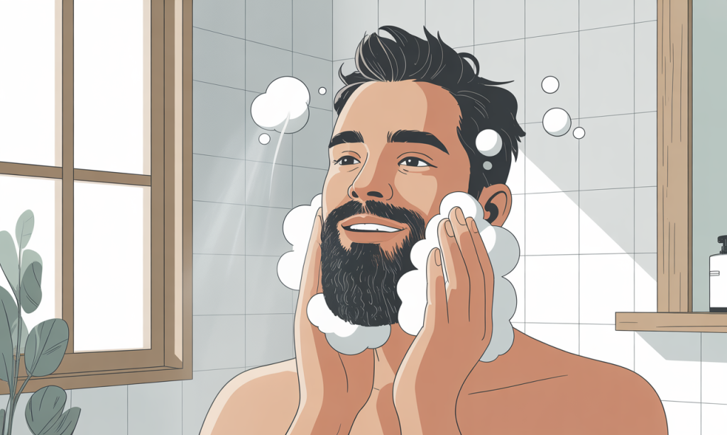 Best Beard Wash Sensitive Skin 2026: Man with sensitive skin gently cleansing his beard using hypoallergenic beard wash in bright bathroom with natural lighting
