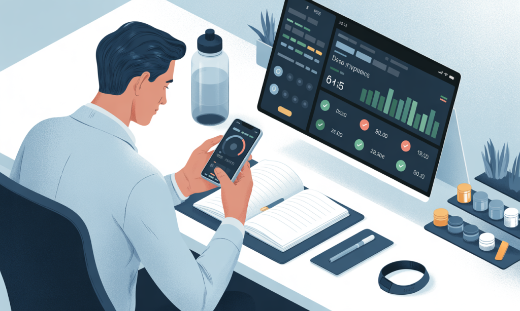 Man tracking fertility health habits using digital app and journal for accountability and progress monitoring.