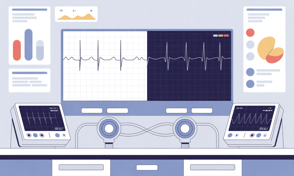 Medical comparison showing normal cardiac rhythm versus atrial fibrillation caused by chronic work stress heart complications