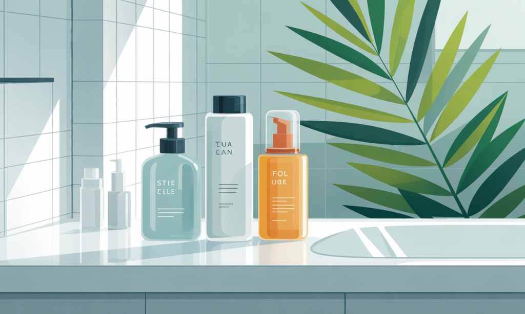 Three essential products for Simple Morning Skincare Routine - cleanser, moisturizer, and sunscreen on bathroom counter