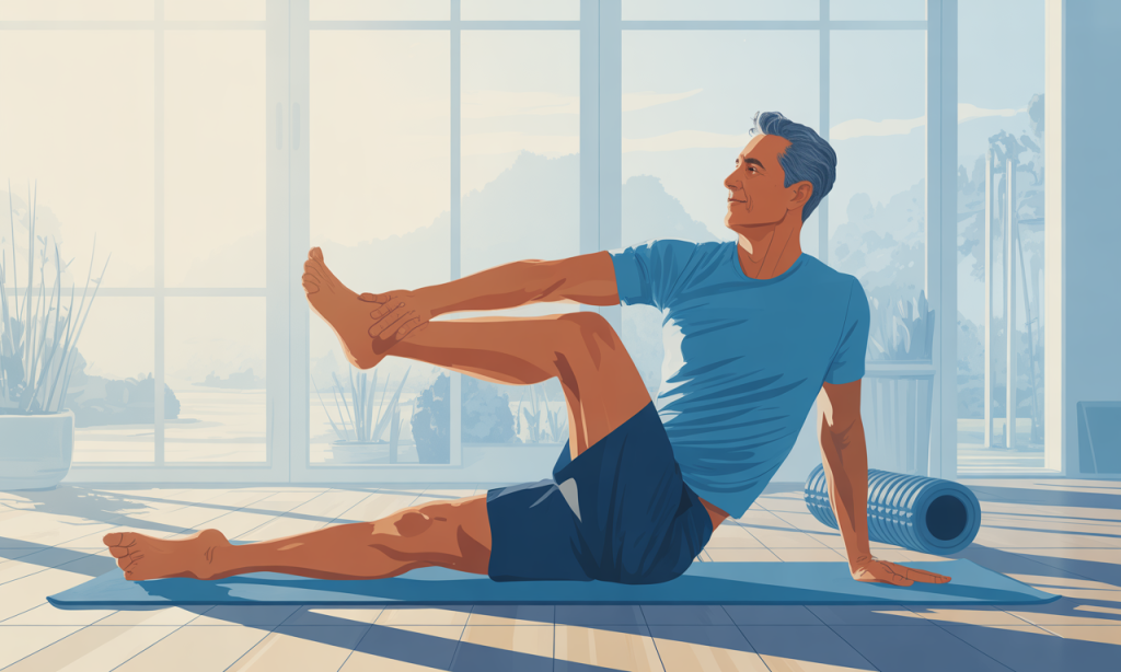 Man over 40 executing mobility exercises to build stamina after 40 through improved joint range of motion and flexibility protocols