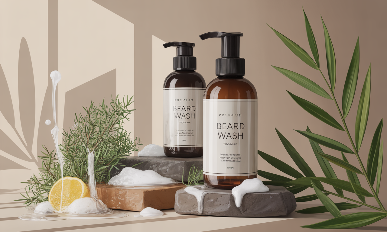 Best Beard Wash Sensitive Skin 2026: Premium beard wash products for sensitive skin displayed on natural stone surface with botanical ingredients and gentle foam