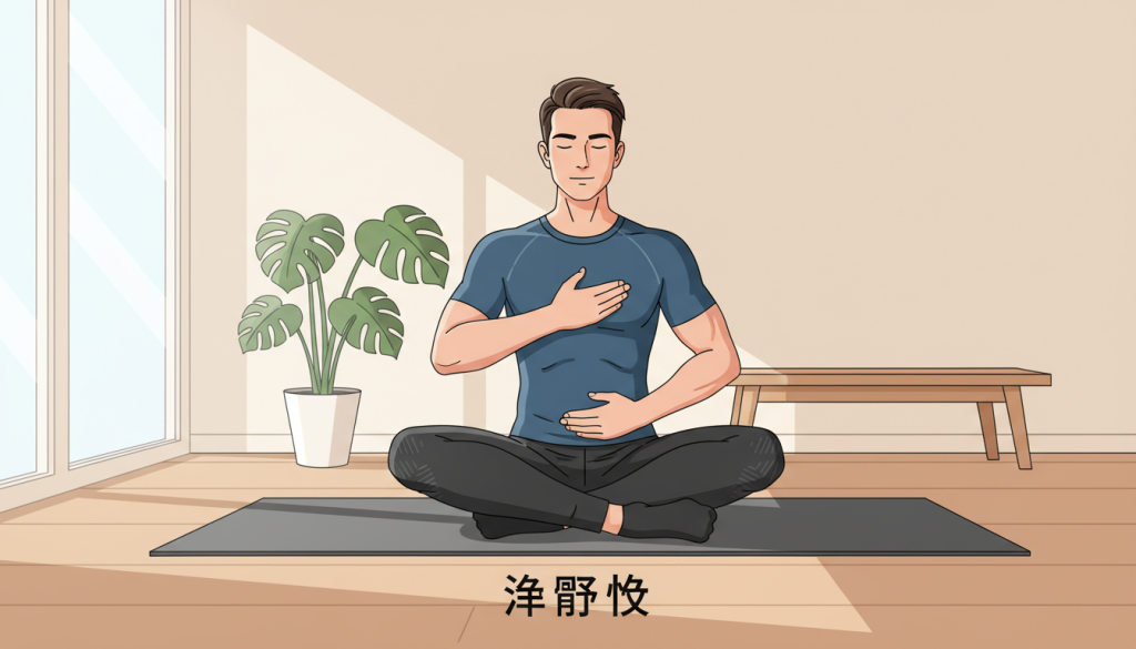 Man demonstrating proper hand placement and posture for diaphragmatic breathing exercise with focused expression in calm environment
