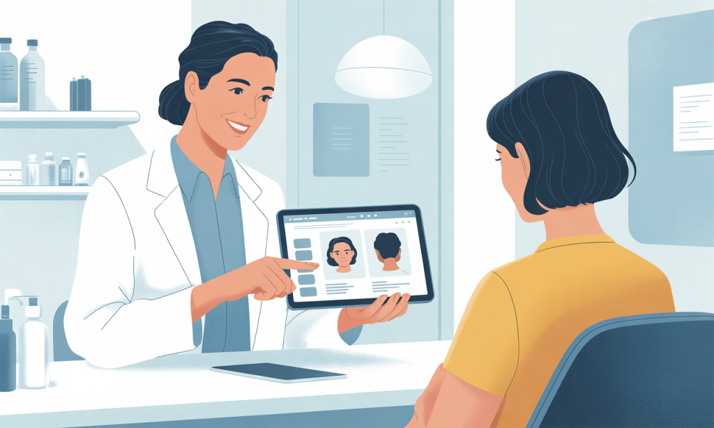 Healthcare provider discussing evidence-based hair loss treatments including minoxidil and finasteride with young patient