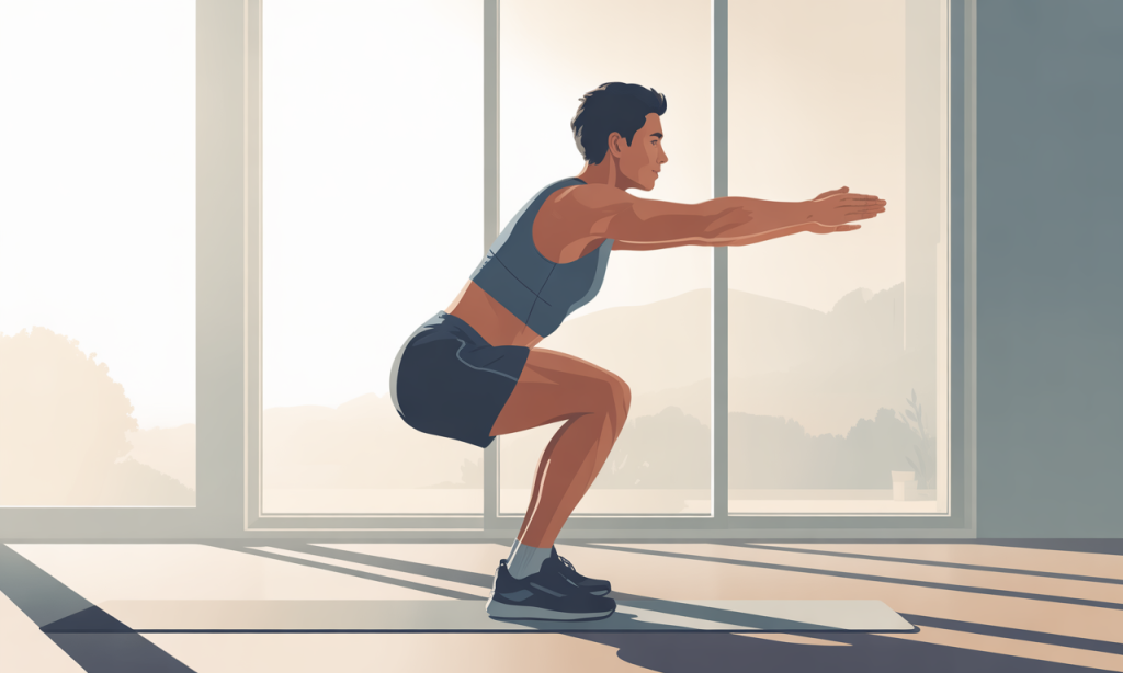 Athletic person demonstrating proper bodyweight squat form to strengthen joints naturally at home without equipment