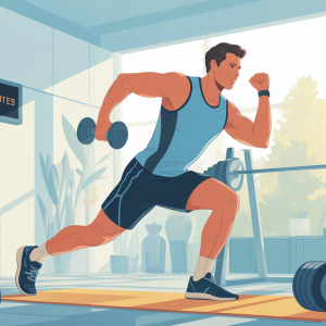 Busy dad completing 15 minute workout at home with dumbbells and exercise mat in bright modern gym space showing efficient time-saving fitness routine