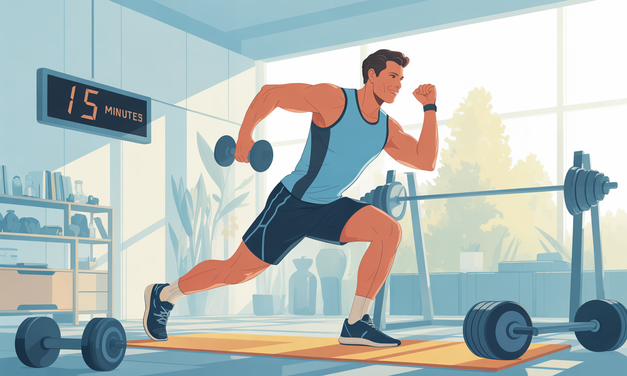 Busy dad completing 15 minute workout at home with dumbbells and exercise mat in bright modern gym space showing efficient time-saving fitness routine