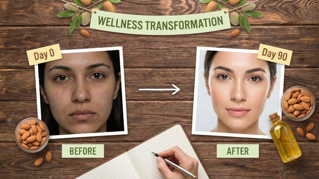 Person's skin transformation demonstrating visible almond benefits results over time with consistent nutrition practice.