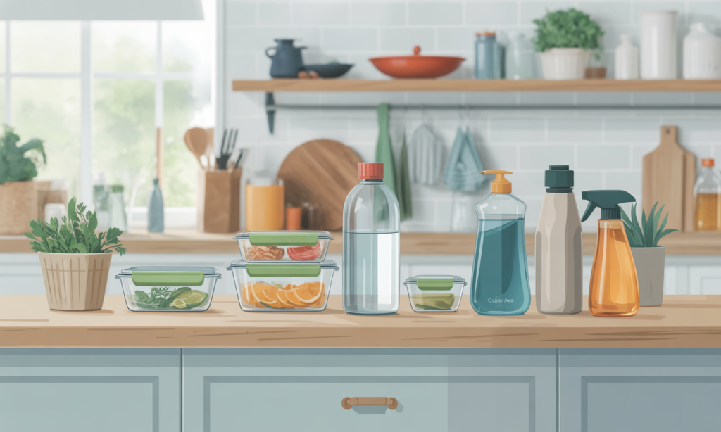 Toxin-free household products including glass containers and natural cleaners for safer home environment.