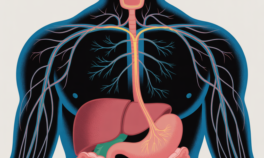 Anatomical diagram showing vagus nerve connecting gut to brain illustrating gut microbiome mental health communication pathway