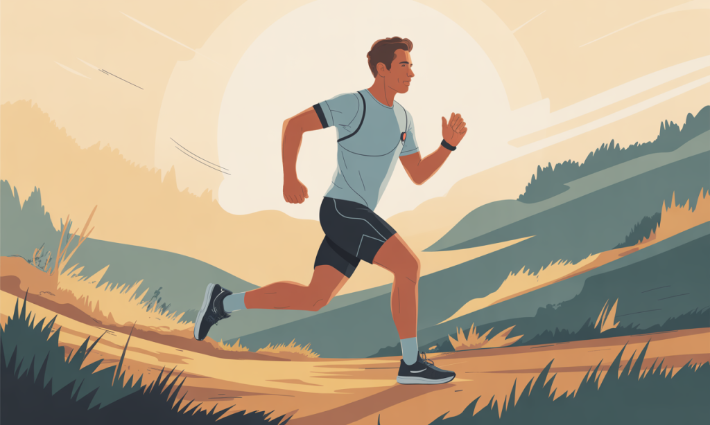 Man building stamina after 40 through zone-based aerobic training with heart rate monitoring during outdoor cardio session.