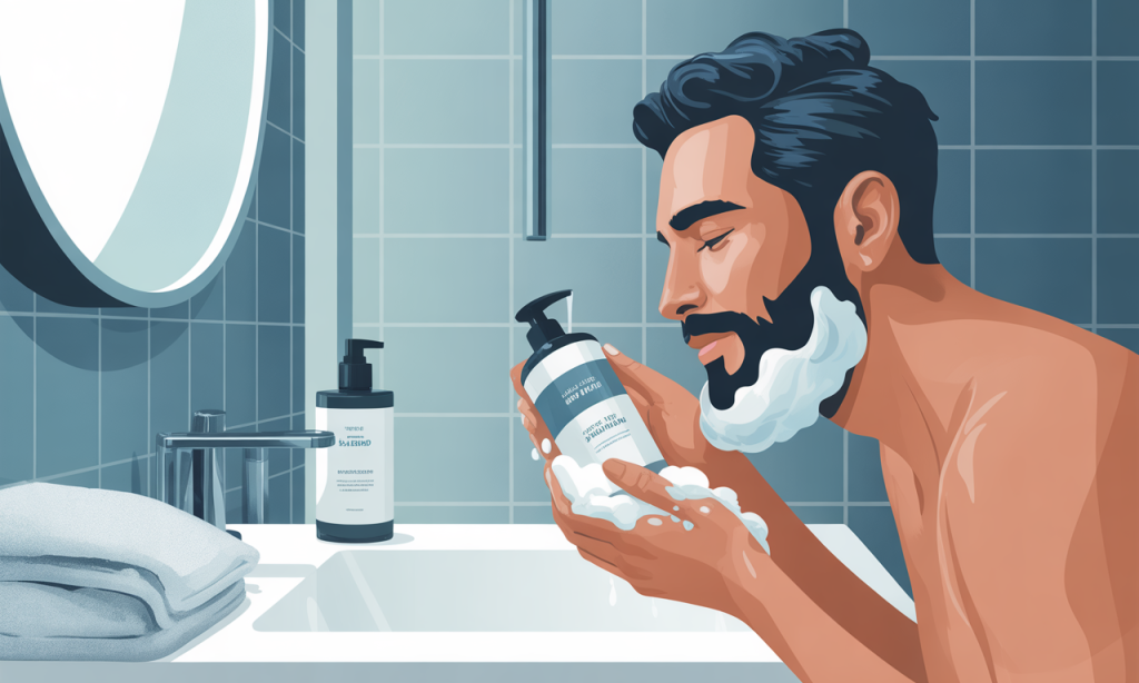 Man washing beard with sulfate-free beard wash, demonstrating the correct frequency and technique to optimize beard health