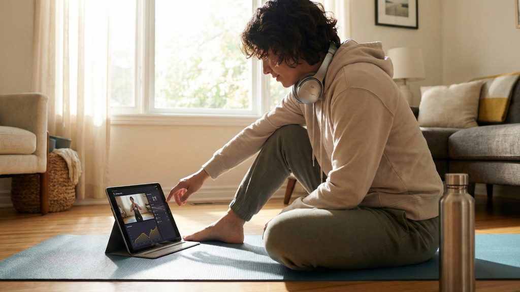 Person using technology to support beginner routines.