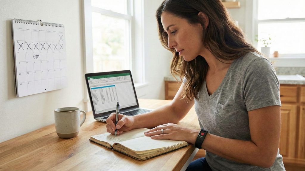 Person tracking progress in a beginner routine.