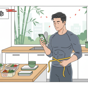 Man performing calorie deficit calculation on smartphone with meal prep containers and measuring tape for safe weight loss and muscle preservation planning