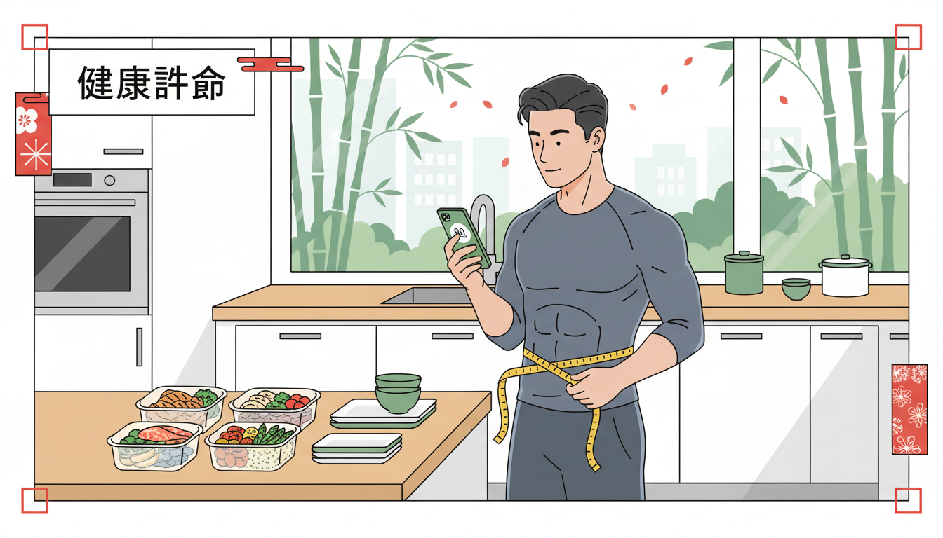 Man performing calorie deficit calculation on smartphone with meal prep containers and measuring tape for safe weight loss and muscle preservation planning