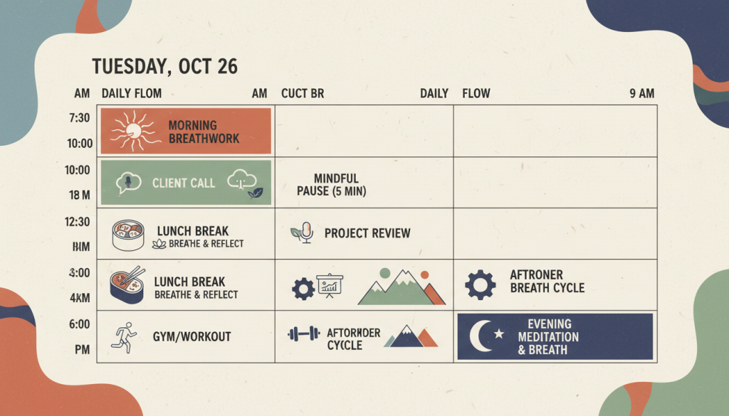 Daily schedule showing strategic integration of diaphragmatic breathing practice sessions among regular work activities and commitments