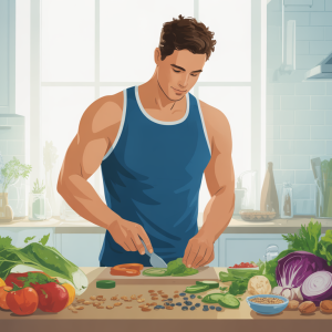 Healthy man preparing nutritious meal with vegetables and seeds showing how to improve sperm quality through diet and lifestyle changes for male fertility enhancement