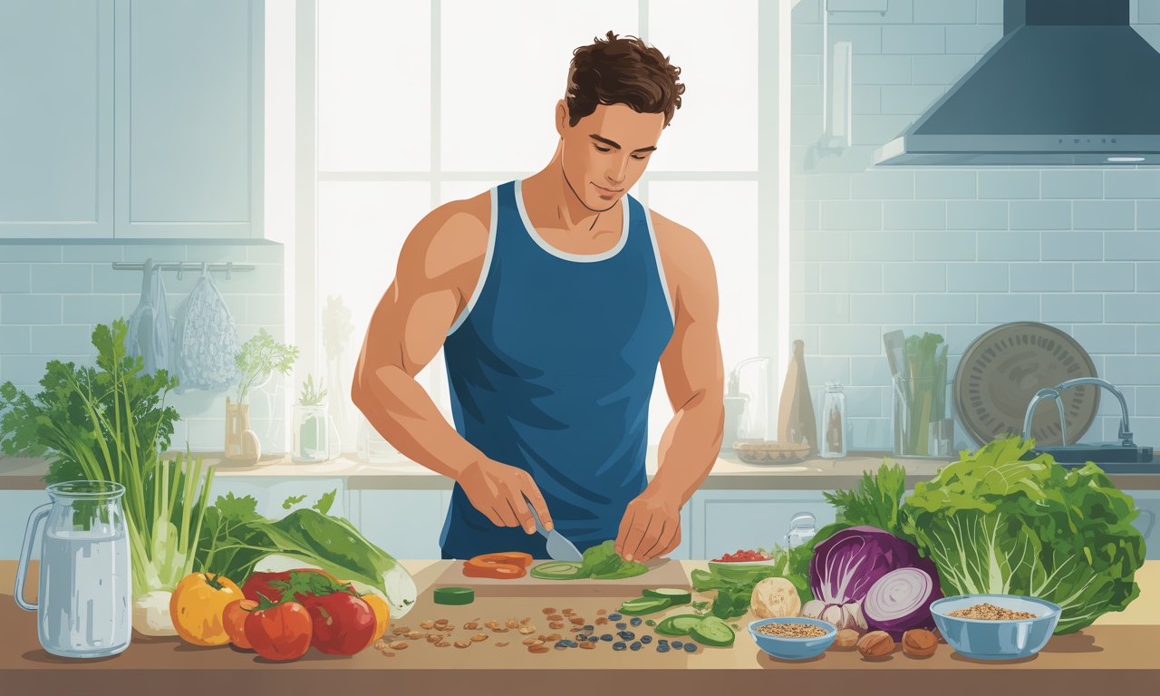 Healthy man preparing nutritious meal with vegetables and seeds showing how to improve sperm quality through diet and lifestyle changes for male fertility enhancement