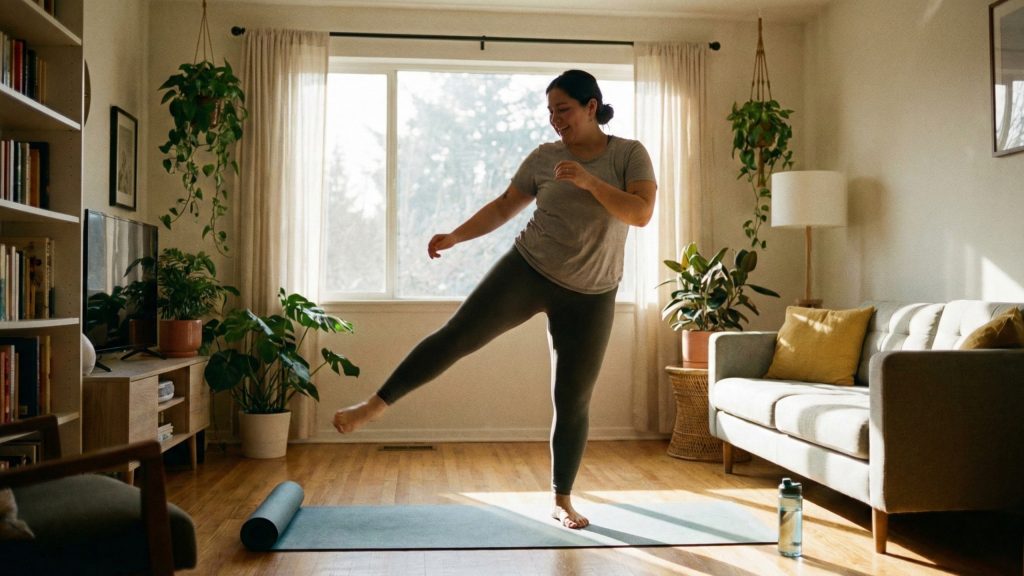 Person warming up with dynamic stretches for beginner routines.