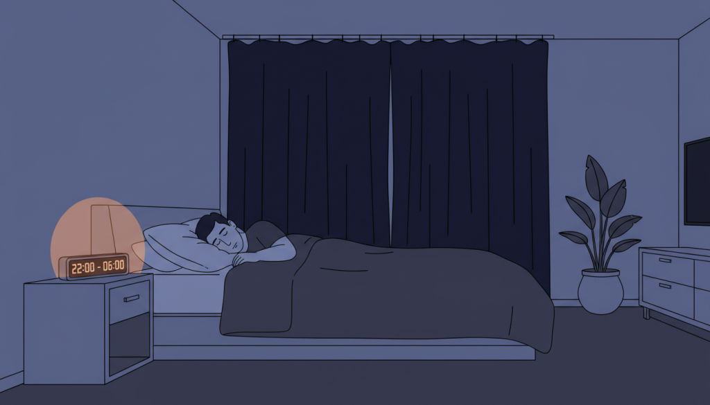 Man achieving quality sleep for testosterone after 40 production in optimized bedroom environment supporting hormonal circadian rhythm restoration