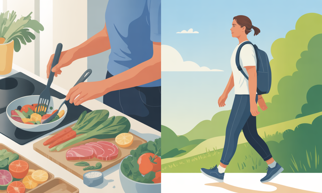 Healthy nutrition and regular walking activities combined to strengthen joints naturally through sustainable weight management