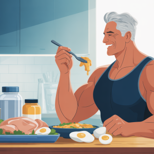 Fit man demonstrating proper protein after 40 nutrition with high-protein meal including chicken, eggs and supplements for optimal muscle building results