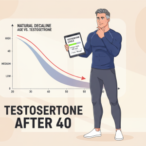 Man in his 40s reviewing a testosterone lab report, symbolizing how testosterone after 40 changes and what men can do to maintain healthy levels naturally.