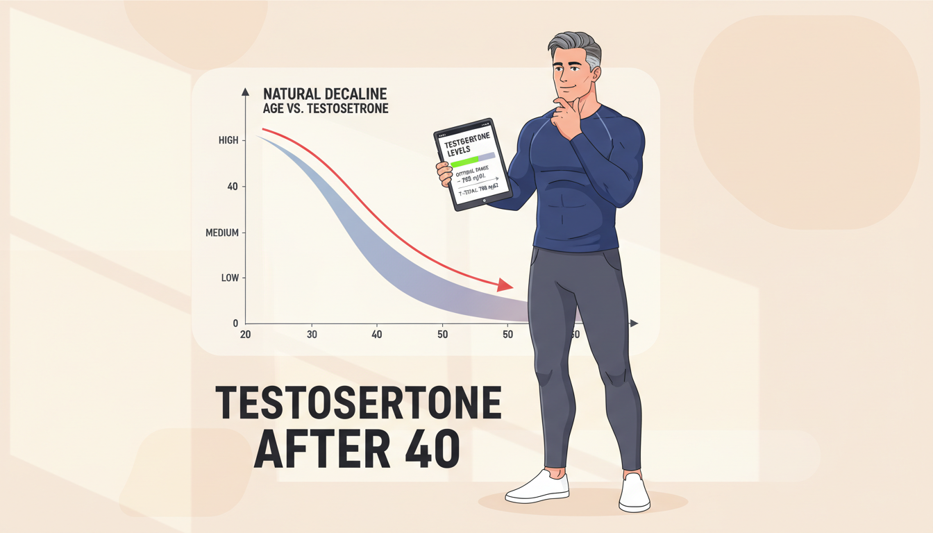 Man in his 40s reviewing a testosterone lab report, symbolizing how testosterone after 40 changes and what men can do to maintain healthy levels naturally.