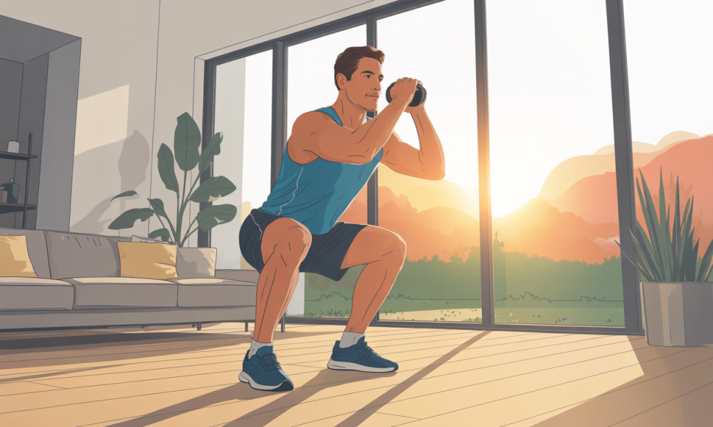 Fit dad executing morning bodyweight squats at home demonstrating effective 15 minute dad workouts routine