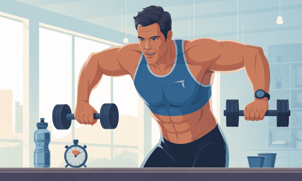 Dad executing high-intensity bodyweight exercises during timed 15 minute workout session in modern home gym space