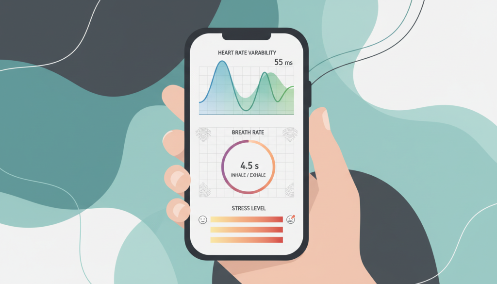 Digital biofeedback device displaying heart rate variability measurements and breathing rate guidance for diaphragmatic breathing optimization