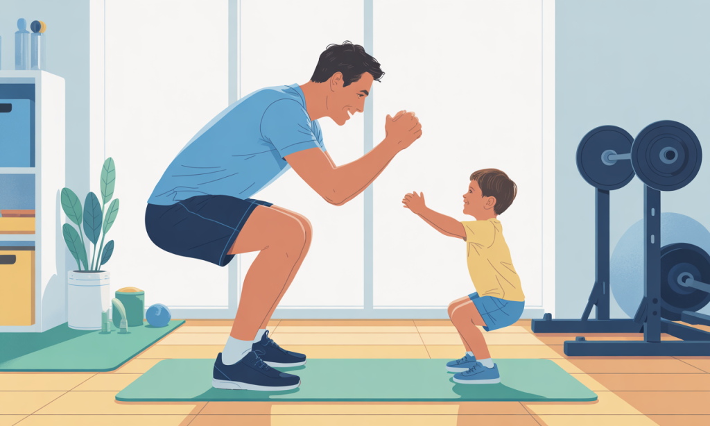 Dad teaching child safe exercise techniques during family fitness activity demonstrating proper movement form and supervision