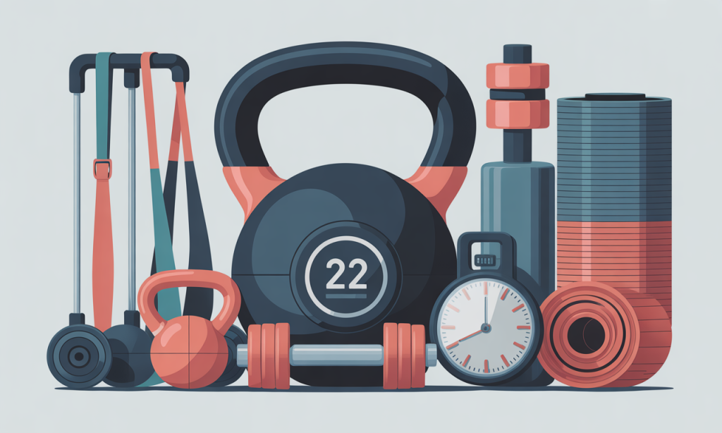 Essential minimal equipment for complete 15 minute workout including kettlebell dumbbells resistance bands and exercise mat