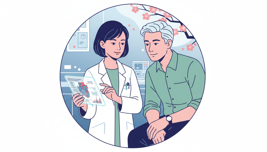 Healthcare provider discussing cardiovascular monitoring for testosterone after 40 treatment showing personalized health assessment and risk evaluation
