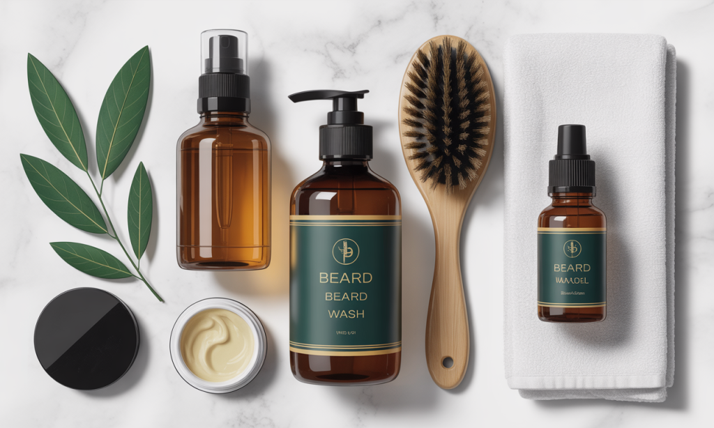 Complete collection of essential products and tools needed to optimize beard washing frequency and technique