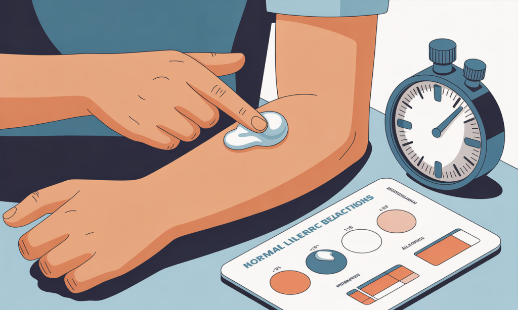 Detailed demonstration of proper patch testing technique for new beard care products showing application on inner forearm area
