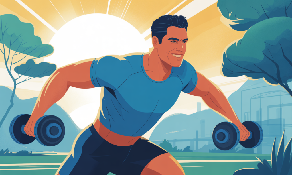 Energetic man demonstrating strength training exercises to combat energy decline after 30 years old