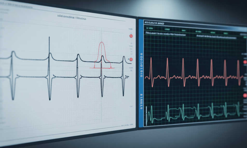 Medical chart comparing normal cardiac rhythm versus atrial fibrillation irregular heartbeat pattern triggered by eating