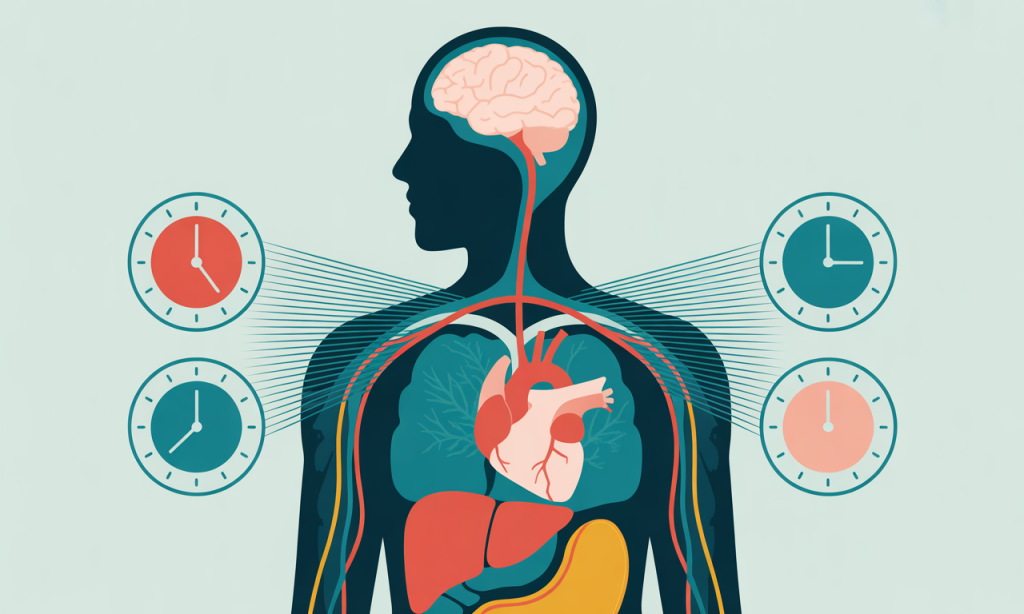 Body systems diagram showing how consistent wake times synchronize circadian rhythms affecting cardiovascular and metabolic health