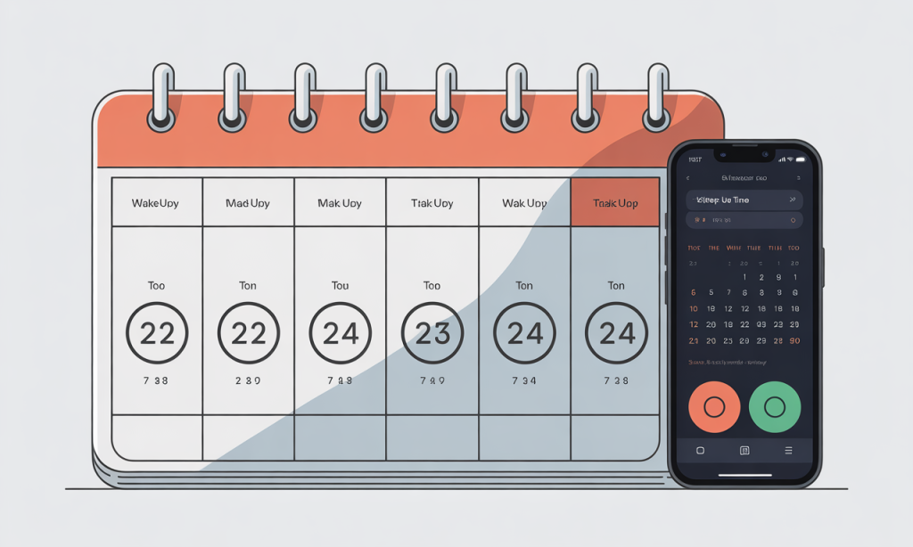 Seven-day sleep schedule calendar showing consistent wake times across weekdays and weekends for optimal circadian rhythm