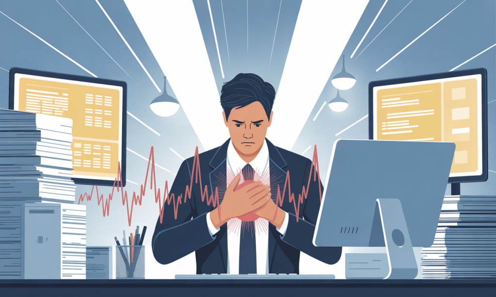 Business professional experiencing chronic work stress heart pain symptoms at desk with overwhelming workload displays