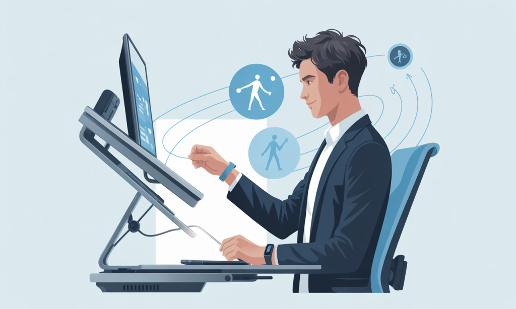 Professional demonstrating standing desk use and movement breaks for prostate health before 30