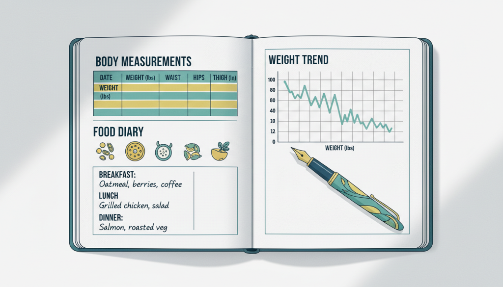 Weight loss progress journal with measurements and tracking data for monitoring calorie deficit calculation effectiveness over time.