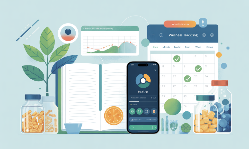Health tracking tools including journal and apps monitoring gut microbiome mental health progress and mood improvements