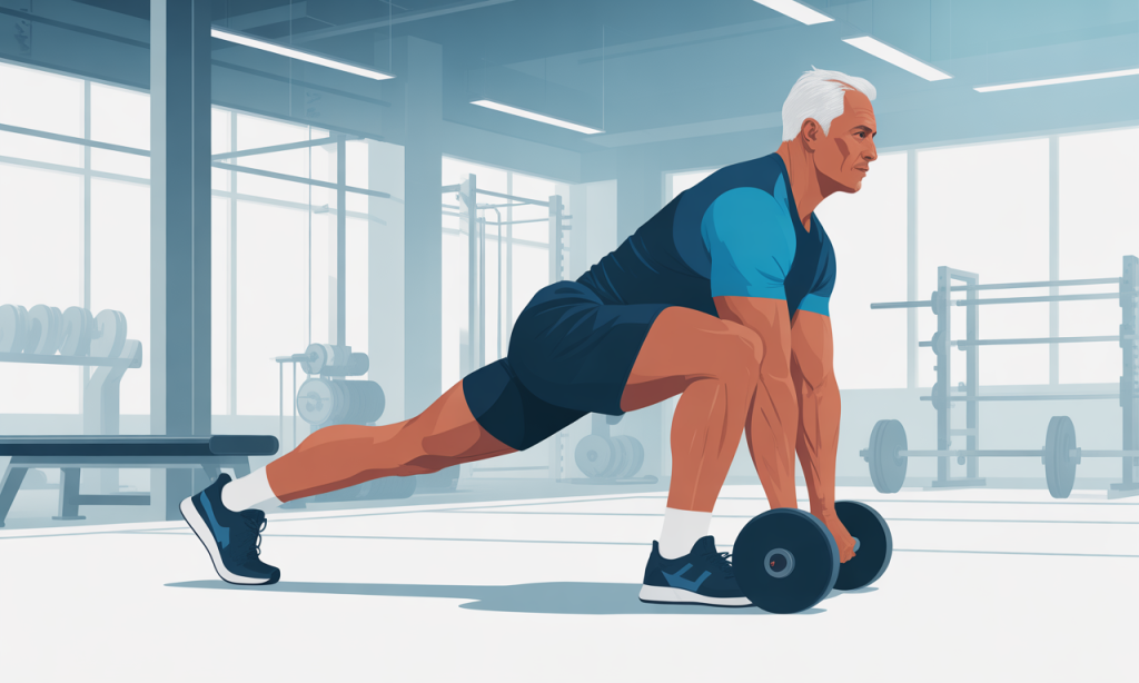 Man demonstrating joint-safe Bulgarian split squat exercise for building muscle after 40 with proper form and alignment