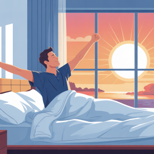 Busy professional man maintaining consistent wake time by waking up at same hour daily in bright bedroom with alarm clock showing early morning, fixing sleep schedule.